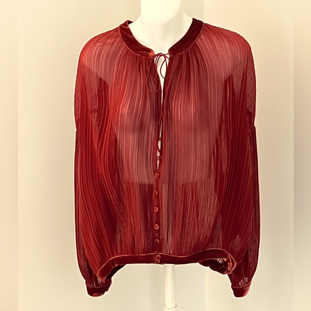 Free People Pleated Velvet Trim Buttondown